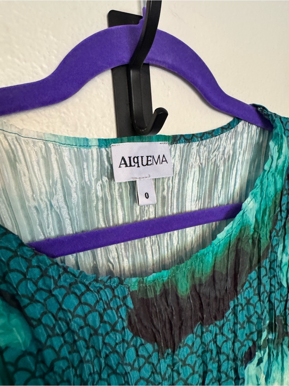 Alquema 3/4 Sleeve Smash Pocket Dress Aqua Flowers Crinkle Size 1 US 6/8 EUC - Picture 3 of 9